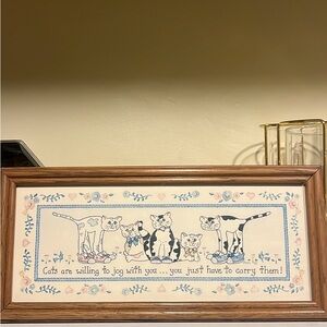Framed Cat Cross-Stitch Wall Art in Cream and Blue